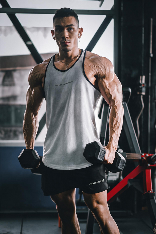 Fast-Dry Bodybuilding Workout Stringer - Dusted White w/ Navy