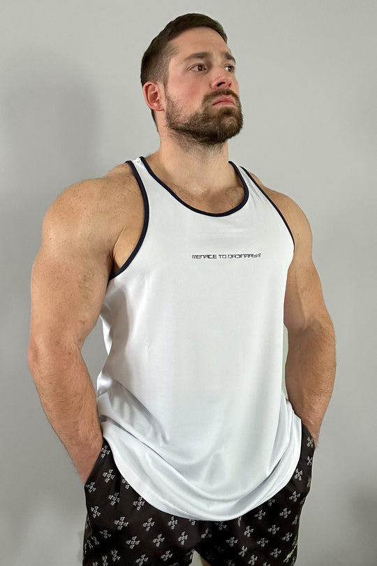 Fast-Dry Bodybuilding Workout Stringer - White w/ Navy Menace