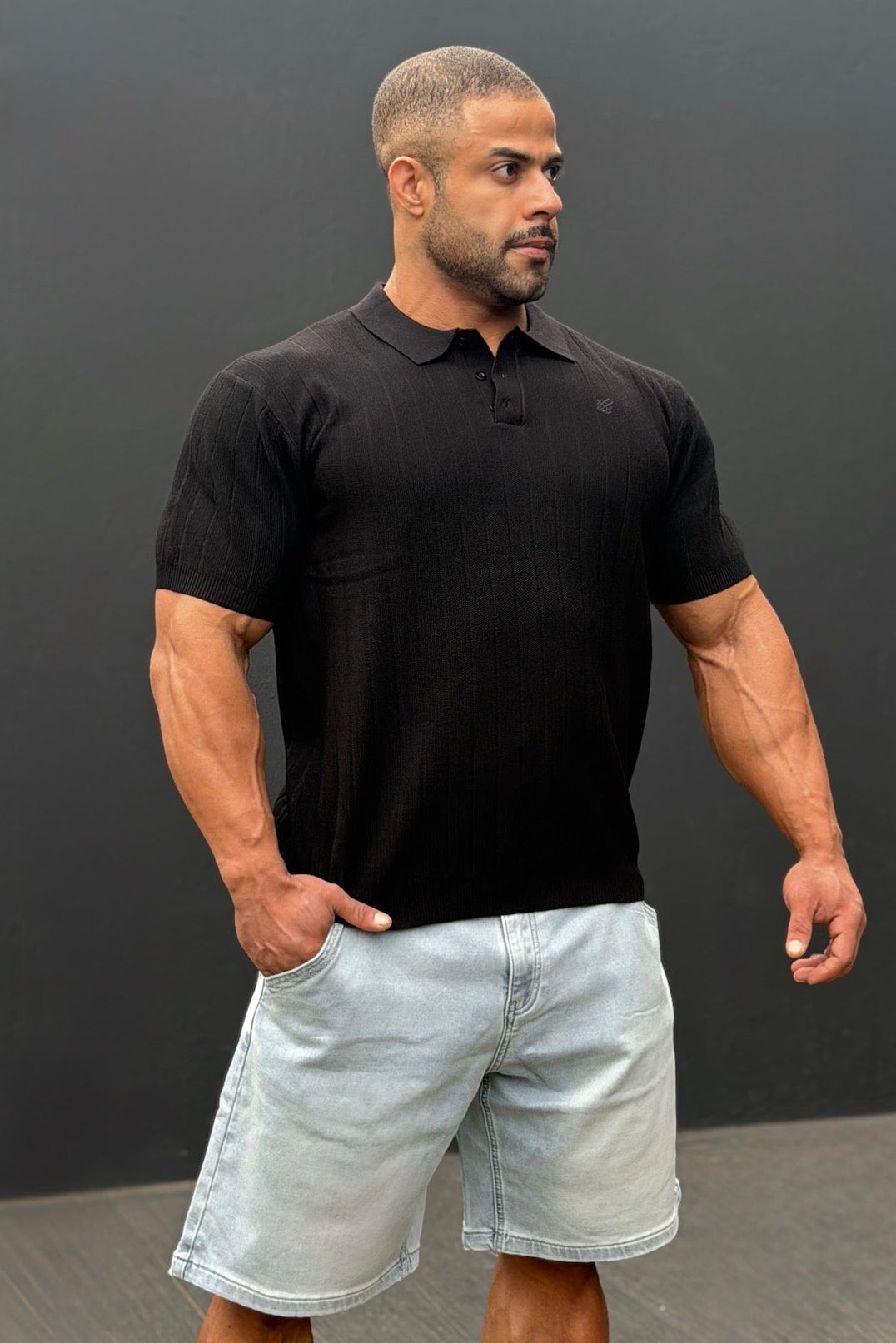 Rib Knit Collared Polo  - Onyx Black