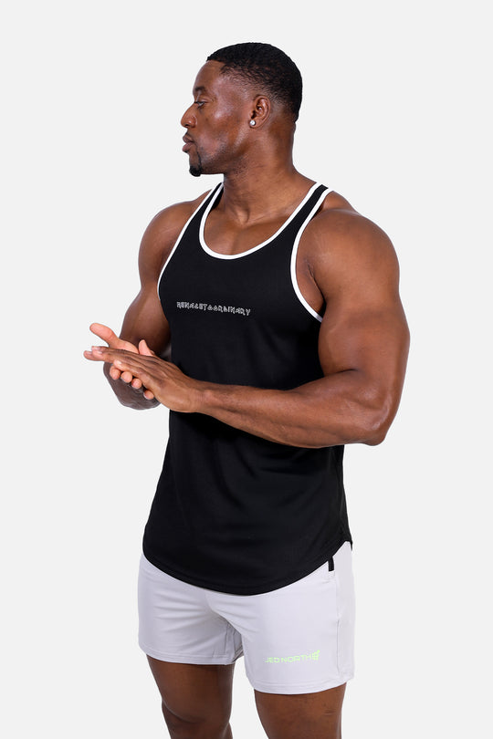 Fast-Dry Bodybuilding Workout Stringer - Black w White Trim