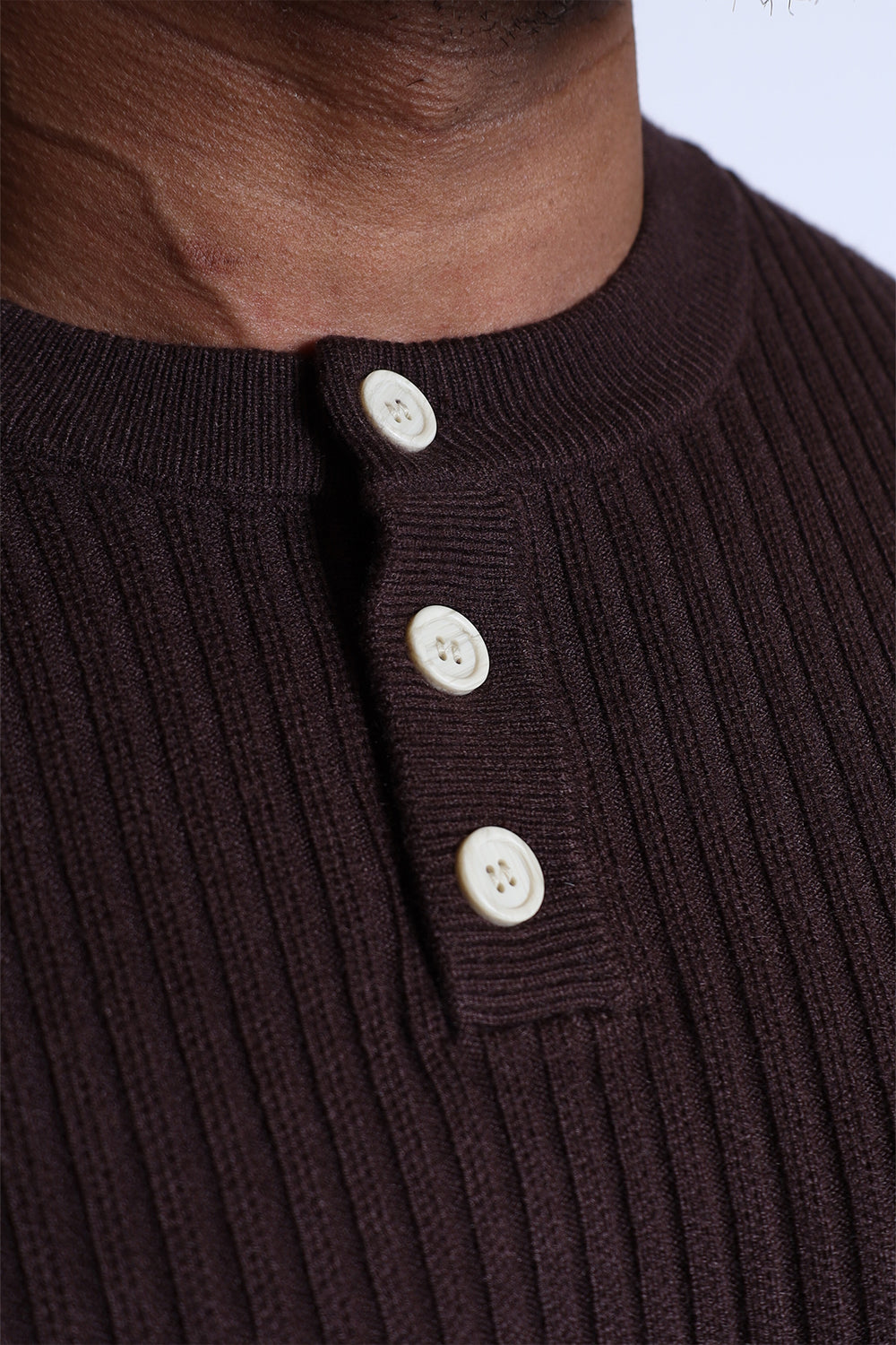 Ribbed Henley Collar Longsleeve  - Brown