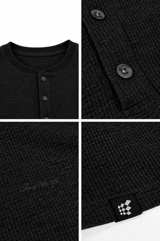 Waffle Knit Henley Long Sleeve T-Shirt - Black